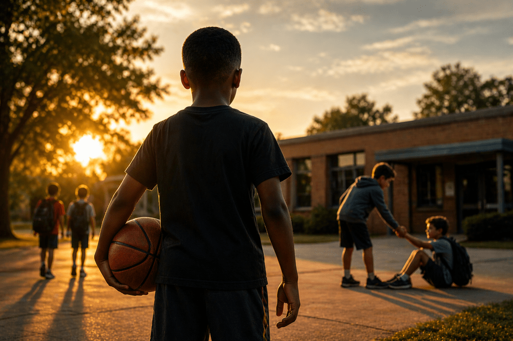 A young boy stands in a schoolyard at sunset holding a basketball, watching as one child helps another up in the background, suggesting a quiet moment of protection and kindness.