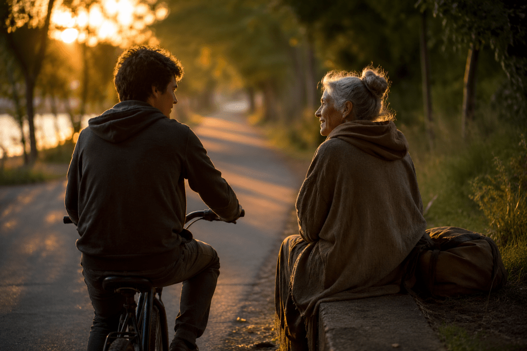 A young man sitting on a bicycle talks with an older woman resting on a curb along a quiet tree-lined road at sunset, both warmly lit by golden evening light.