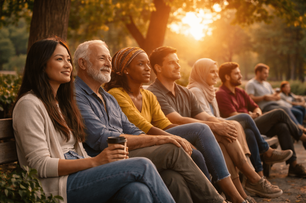 Strangers sitting together in a peaceful outdoor setting at sunset, representing the quiet connections that form community