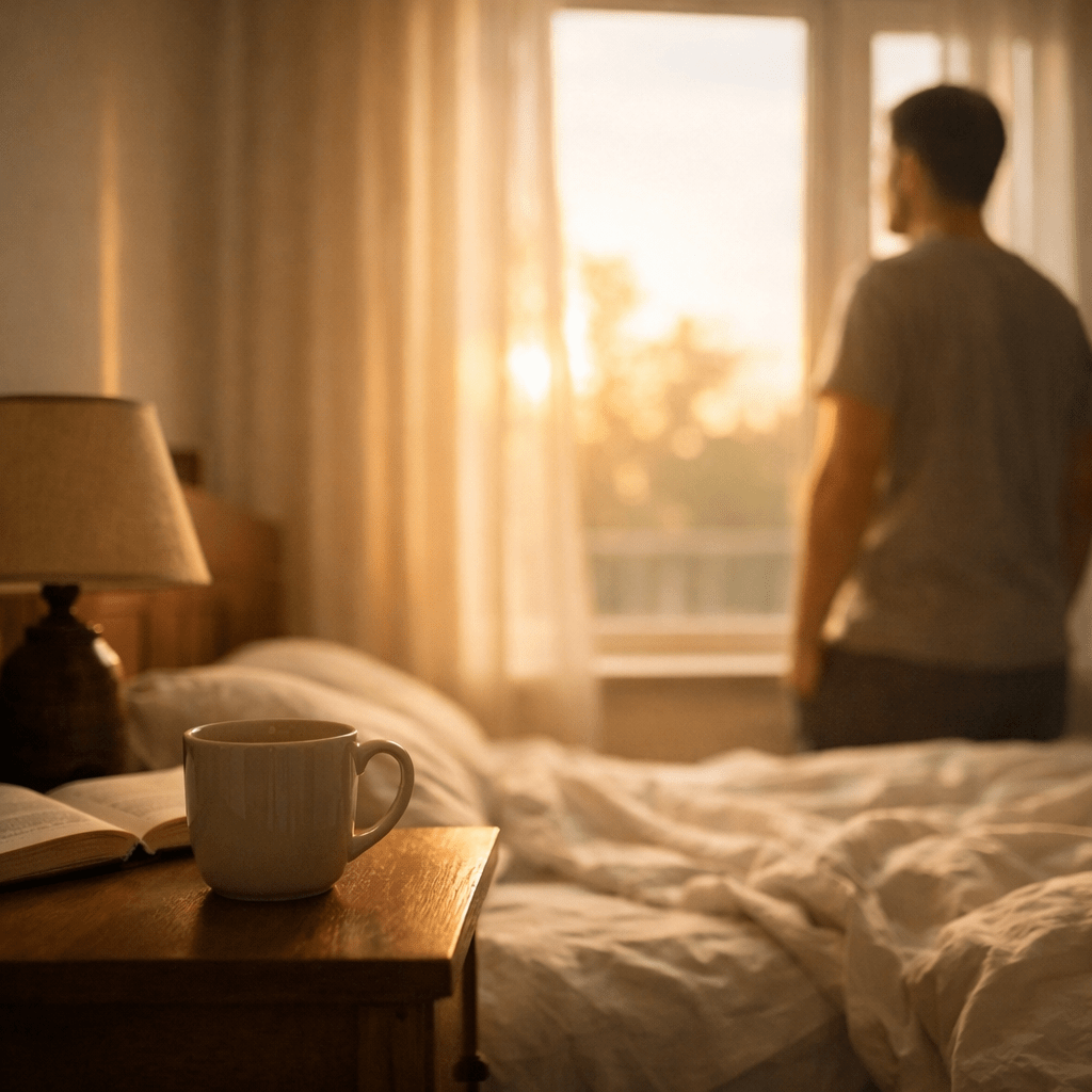 Soft morning light fills a quiet bedroom as a person stands by a window in reflection, with a cup of coffee on a bedside table in the foreground.