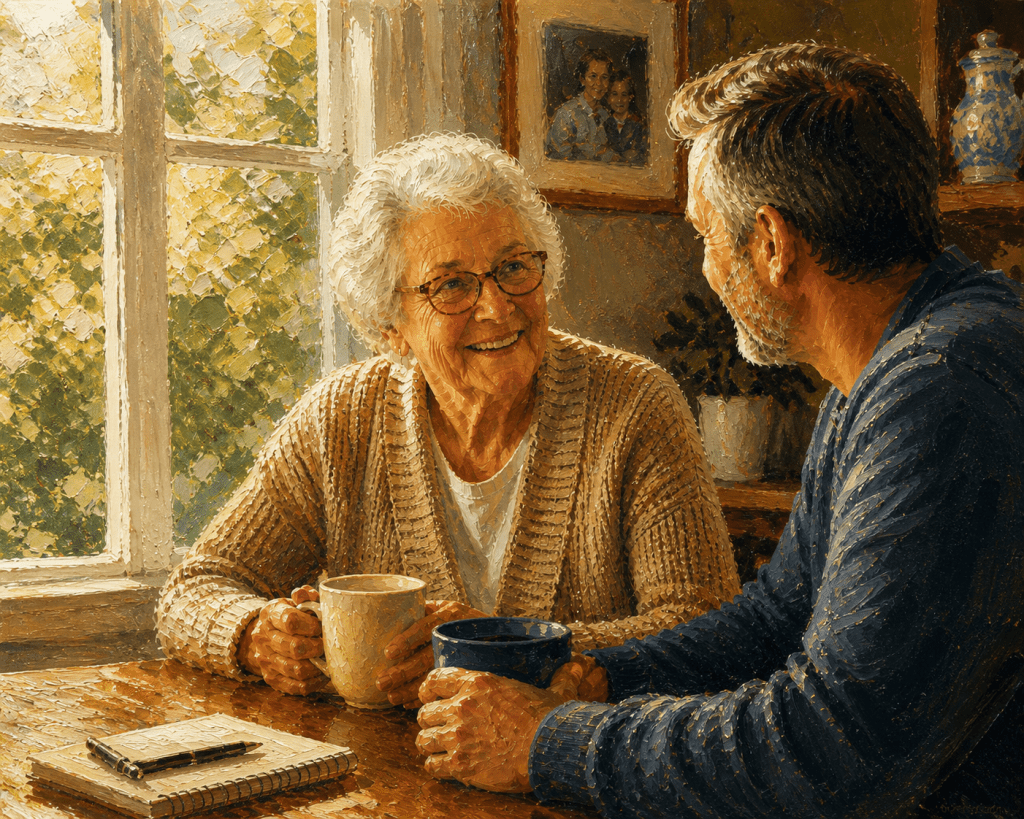 Older mother and adult son sitting at a kitchen table, smiling and talking while holding coffee mugs, with soft natural light coming through a window.