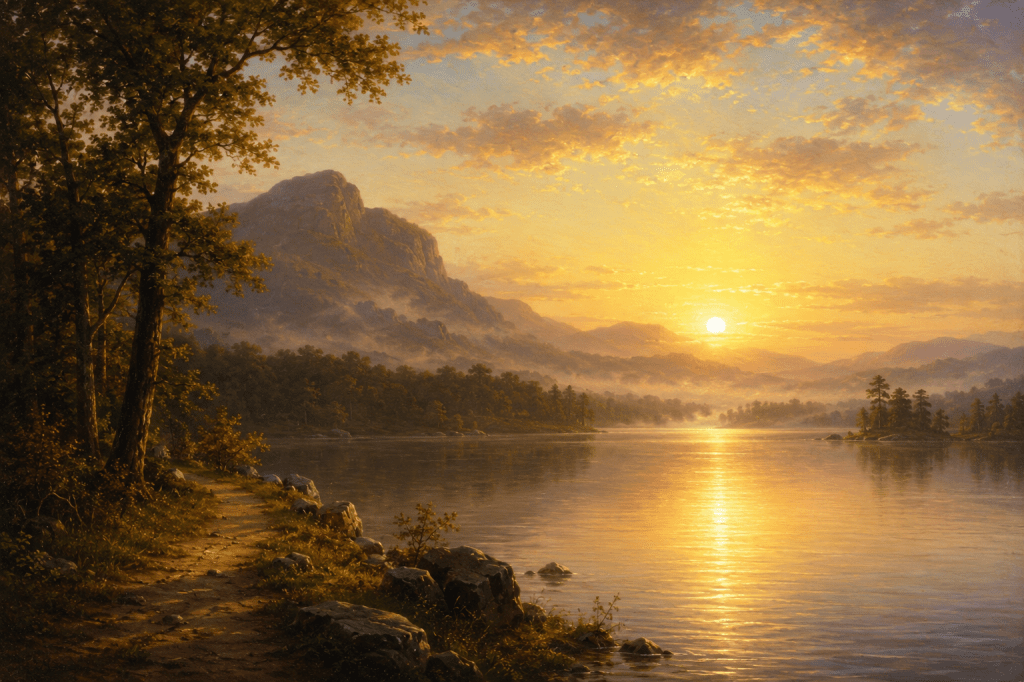 Sunrise over a calm mountain lake with golden light reflecting across the water, surrounded by trees and distant mist-covered peaks in a peaceful, reflective landscape painting.