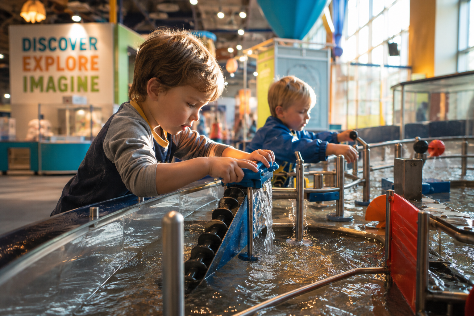 Children explore a hands-on water exhibit inside a brightly lit children’s museum, fully absorbed in discovery and play as sunlight fills the interactive learning space.