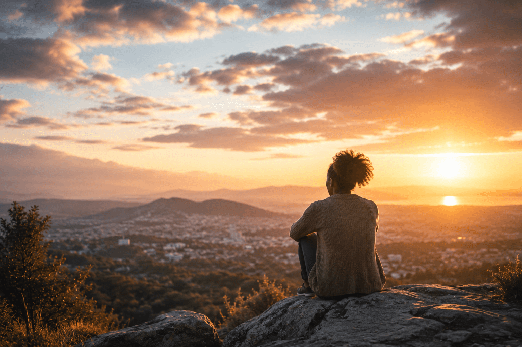 A person sits quietly on a rocky overlook at sunset, looking out across a peaceful city and distant hills under a warm golden sky, reflecting a moment of contemplation and connection.