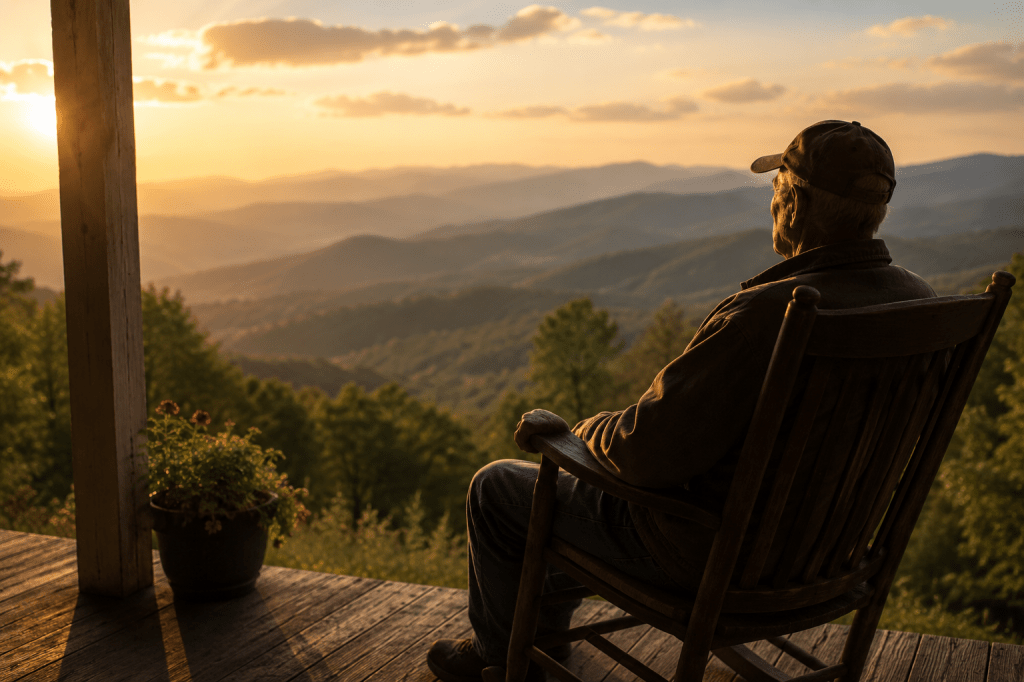 An older man sits quietly in a wooden rocking chair on a mountain porch, looking out across the rolling Appalachian Mountains at sunset. Warm golden light fills the scene, creating a peaceful and reflective atmosphere as layers of distant hills fade into the horizon.