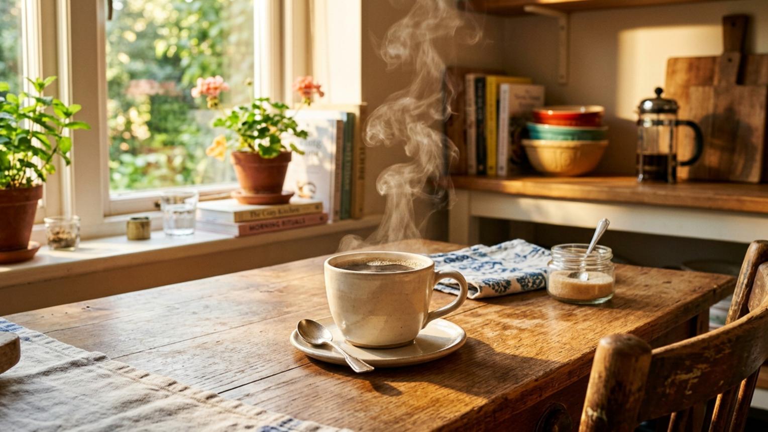 Morning sunlight shining across a wooden kitchen table with a half-full coffee mug, reading glasses, and a notebook.