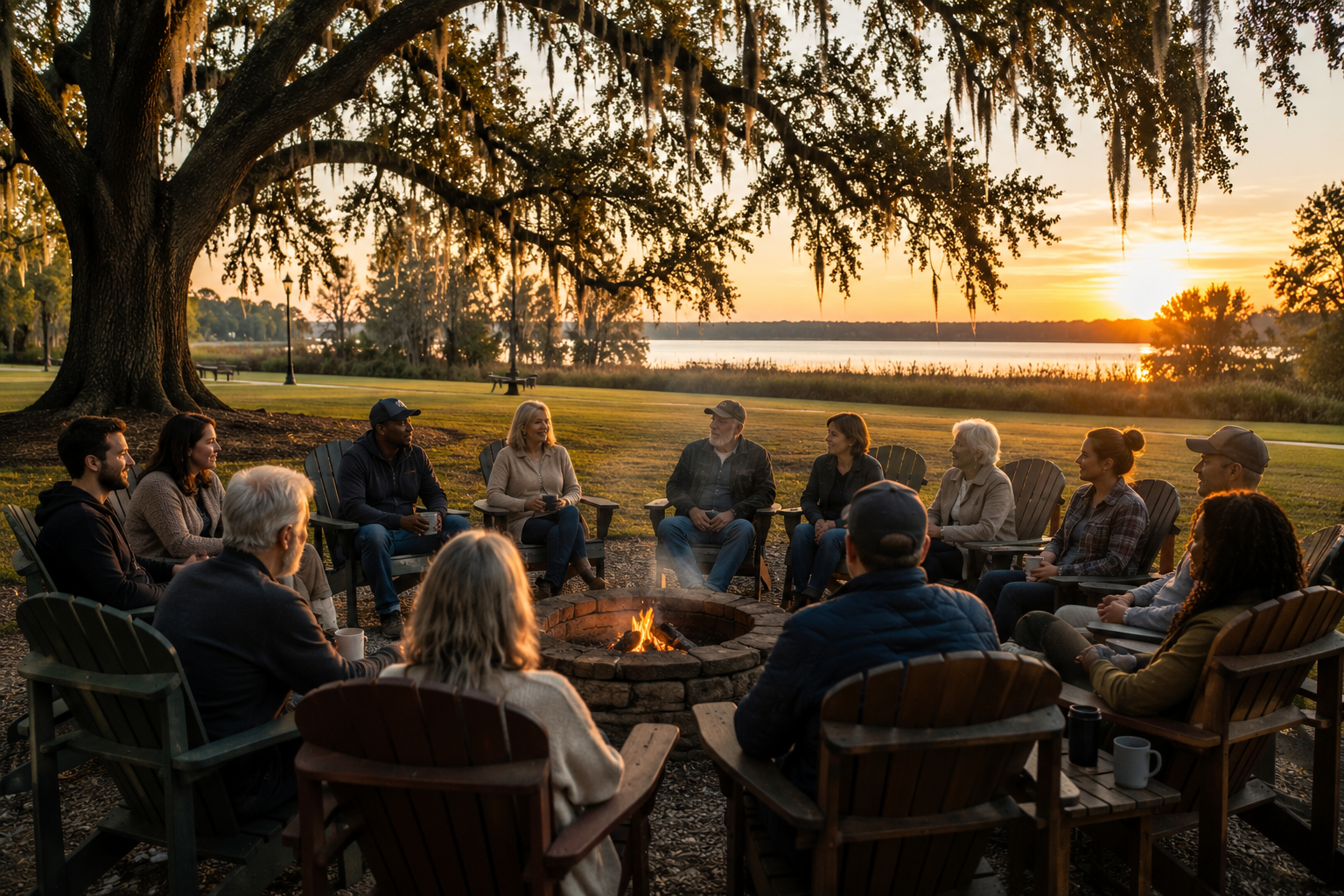 A diverse group of adults of different ages sits in a circle of Adirondack chairs around a small fire pit beneath a large oak tree at sunset, sharing conversation in a peaceful lakeside setting.