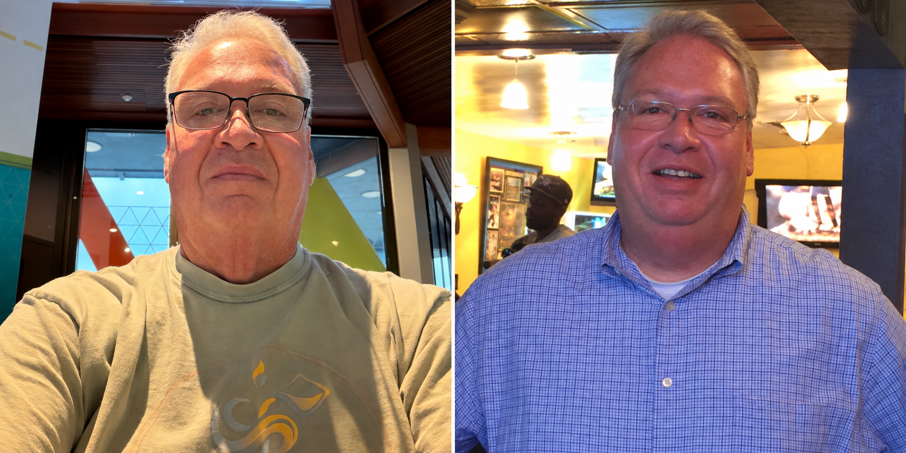 Michael Crawford today on the left, wearing black glasses and a light olive T-shirt, and in 2017 on the right, wearing glasses and a blue checked shirt.